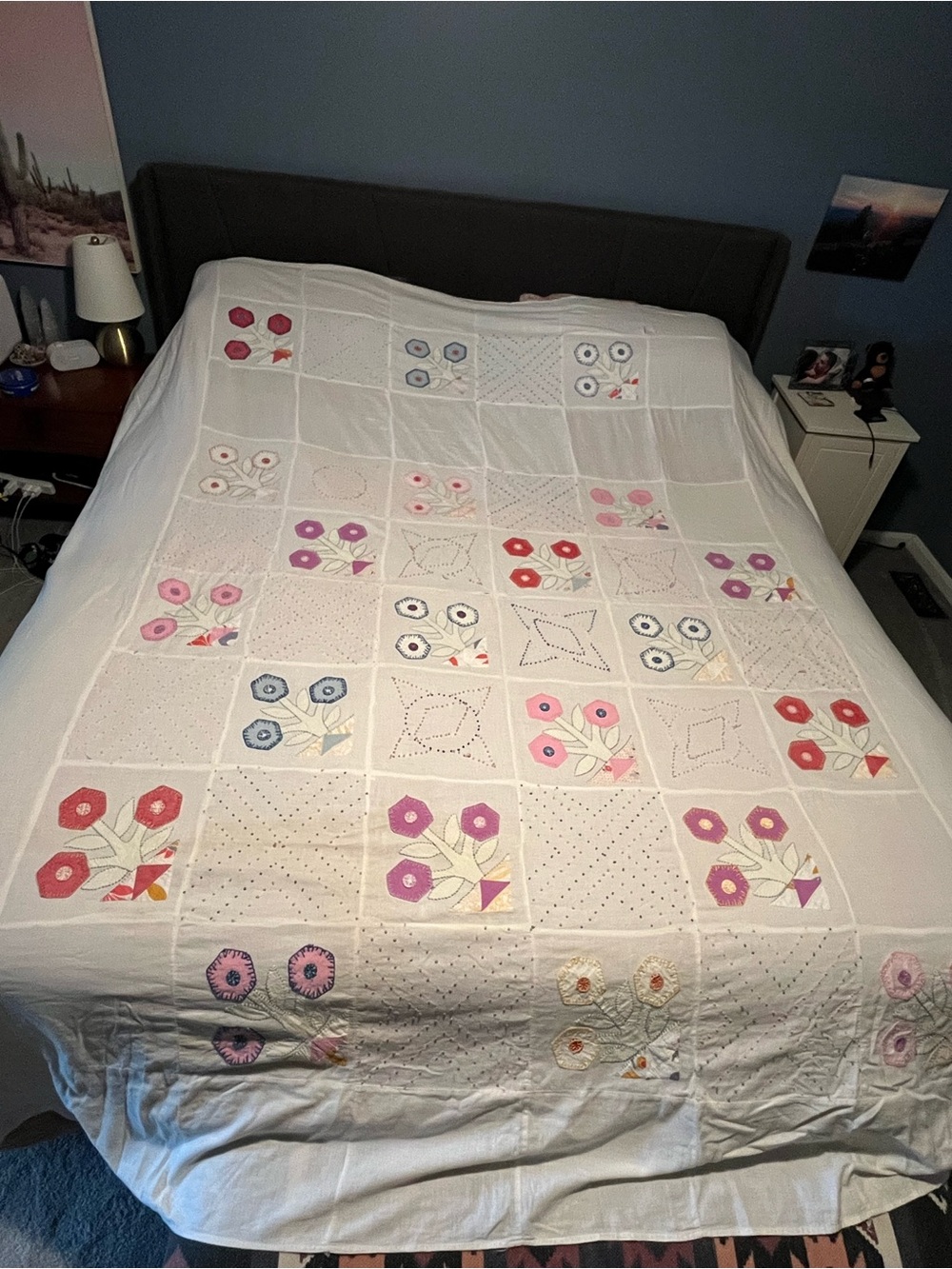 Vintage Hand Appliquéd Embroidered Flower Basket Bedspread/Coverlet 100” x 88”